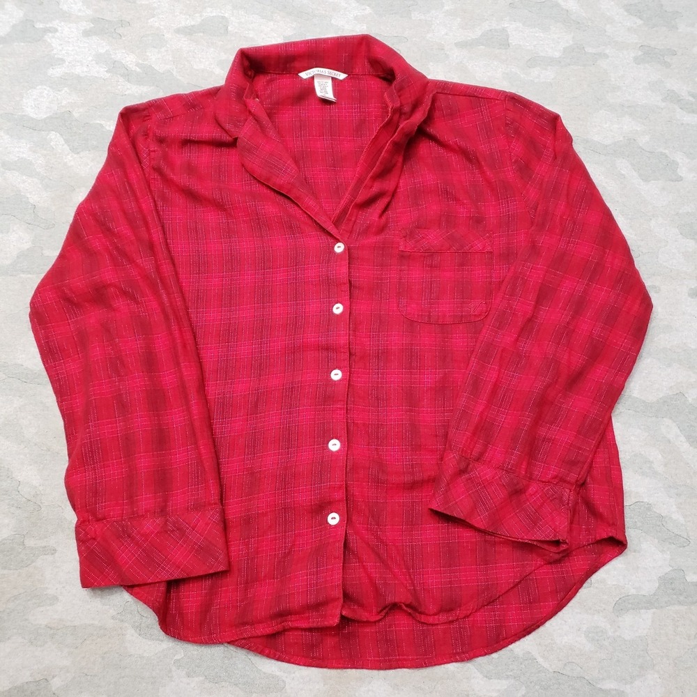 Victoria's Secret Pajama Top Womens Medium Red Lounge Button-Up Plaid